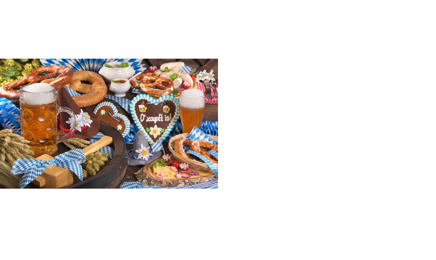 Bayerische Brotzeit mit Brezeln, Bier, Lebkuchenherz und Dekoration in Blau-Weiß, typisch für Oktoberfest-Stimmung.