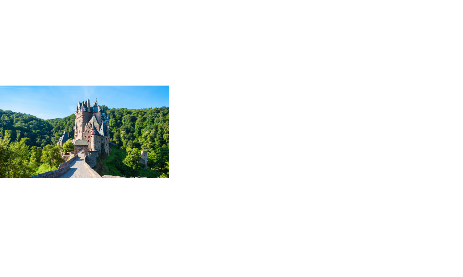 Mittelalterliche Burg auf einem Hügel, umgeben von dichtem Wald, unter blauem Himmel.