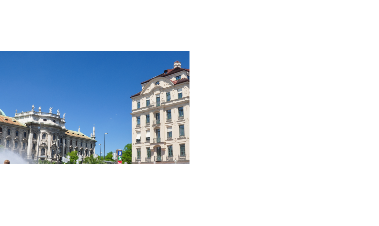 Historische Gebäude und blauer Himmel nahe dem LOUIS Hotel München, mit Springbrunnen im Vordergrund.