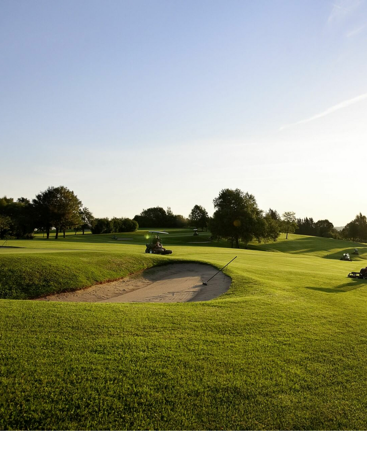 Golf lawn at sunset with trees, sand bunker and lawn mower in the foreground.