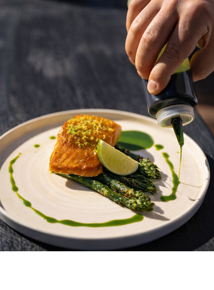 Herb-crusted salmon on green asparagus
